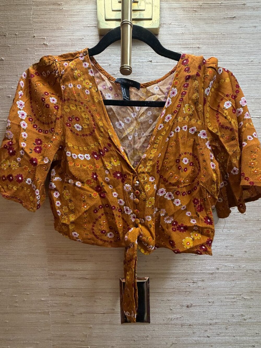 Forever 21 Mustard Floral Tie Front Bell Sleeve Crop Top M